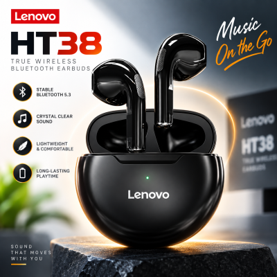 Lenovo HT38 TWS True Wireless Bluetooth 5.0 Earphones – Half-in-Ear Lightweight Design, 9D Stereo Sound, Touch Control, Built-In Mic & 3-Hour Playtime (Official FTL Warranty)